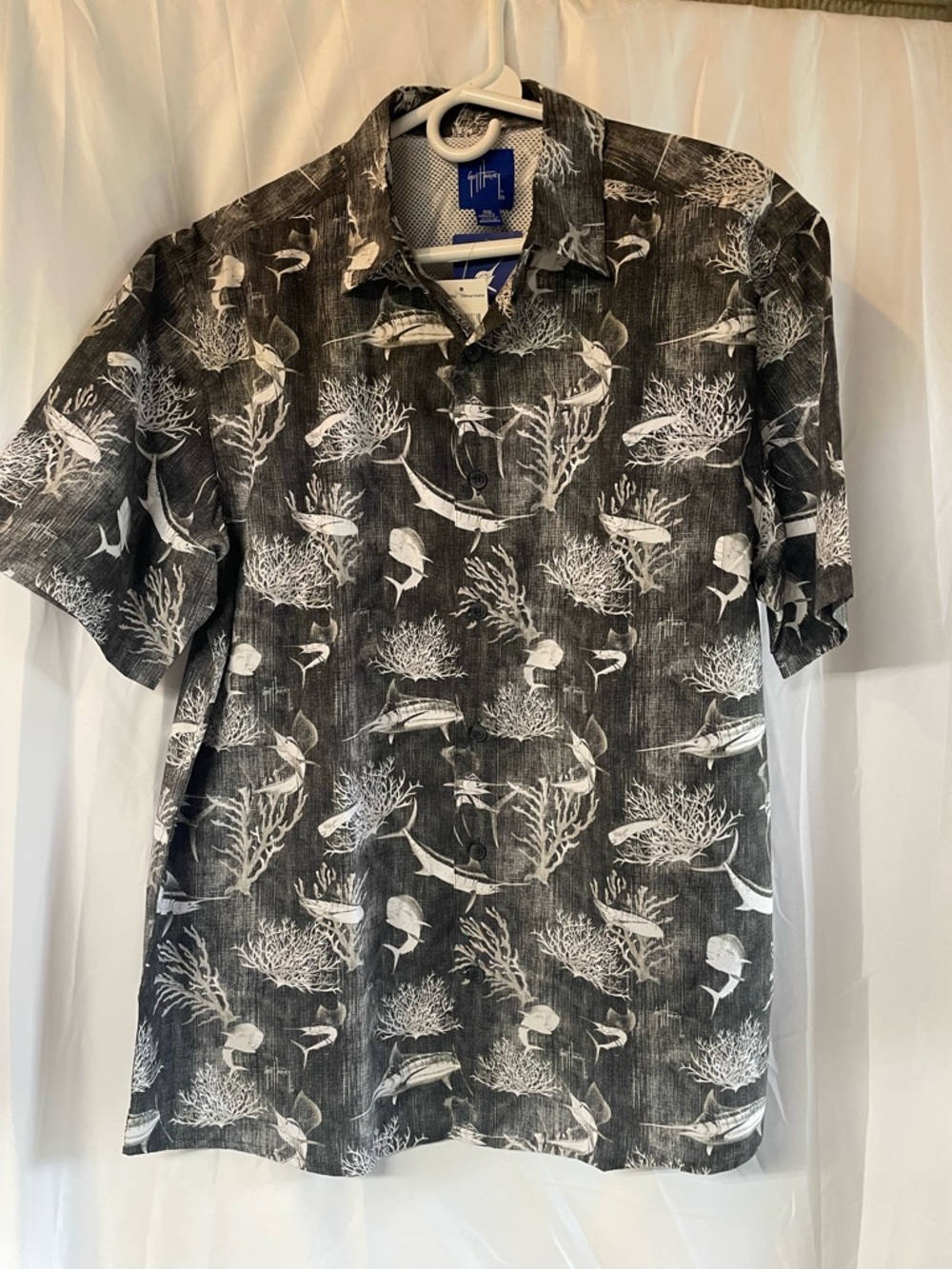 Guy Harvey Black and White Short-Sleeve Button-Down Hawaiian Shirt